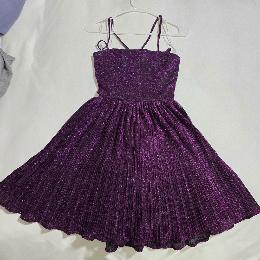 Lulus Party Era Purple Sparkly Lace-up Pleated Skater Dress - Size M